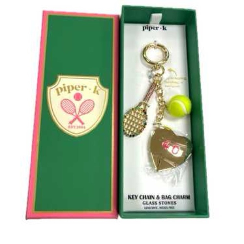 Piper K NEW Tennis Keychain with Gold locket, yellow tennis ball and racket